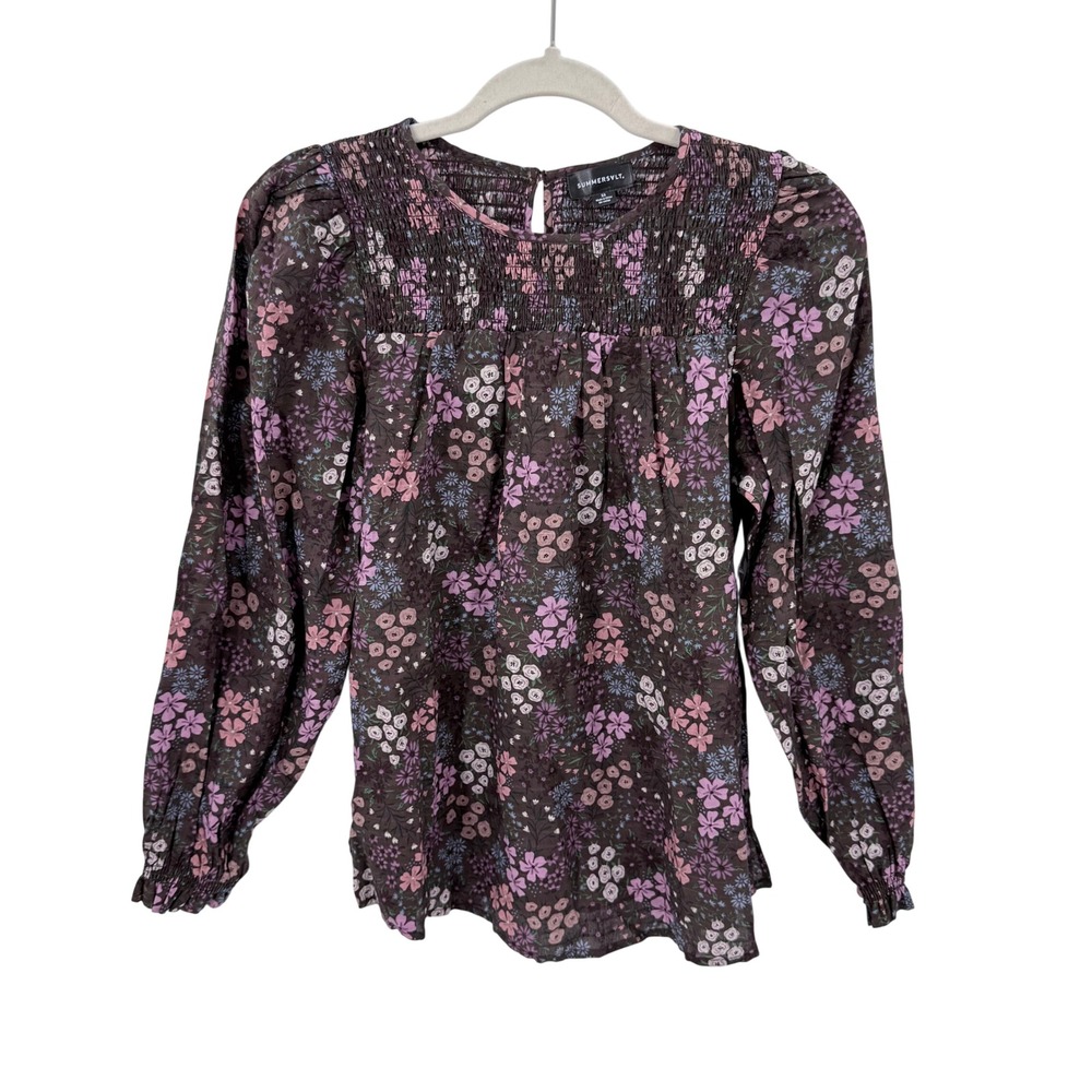Summersalt Brown Floral Perfect Smocked Cotton Blouse Top Long Sleeve XS NWOT